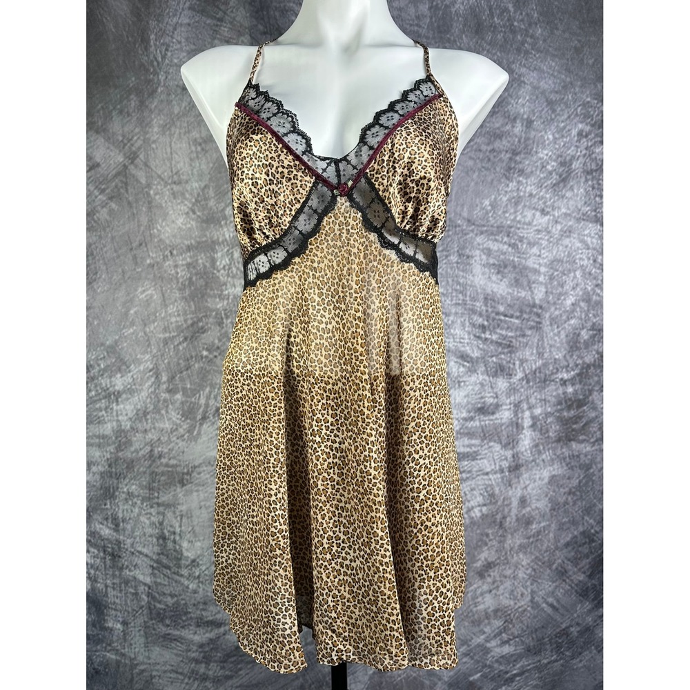 Gilligan & O'Malley Chemise Nightgown Women XXL Brown Leopard Lace Trim Satin